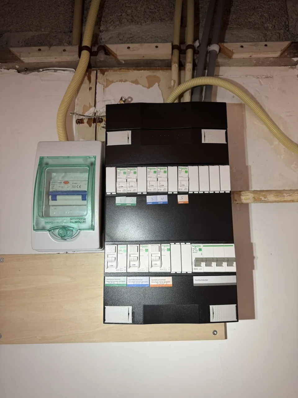 Upgraded three-phase residential distribution board with labelled circuit breakers in Eindhoven